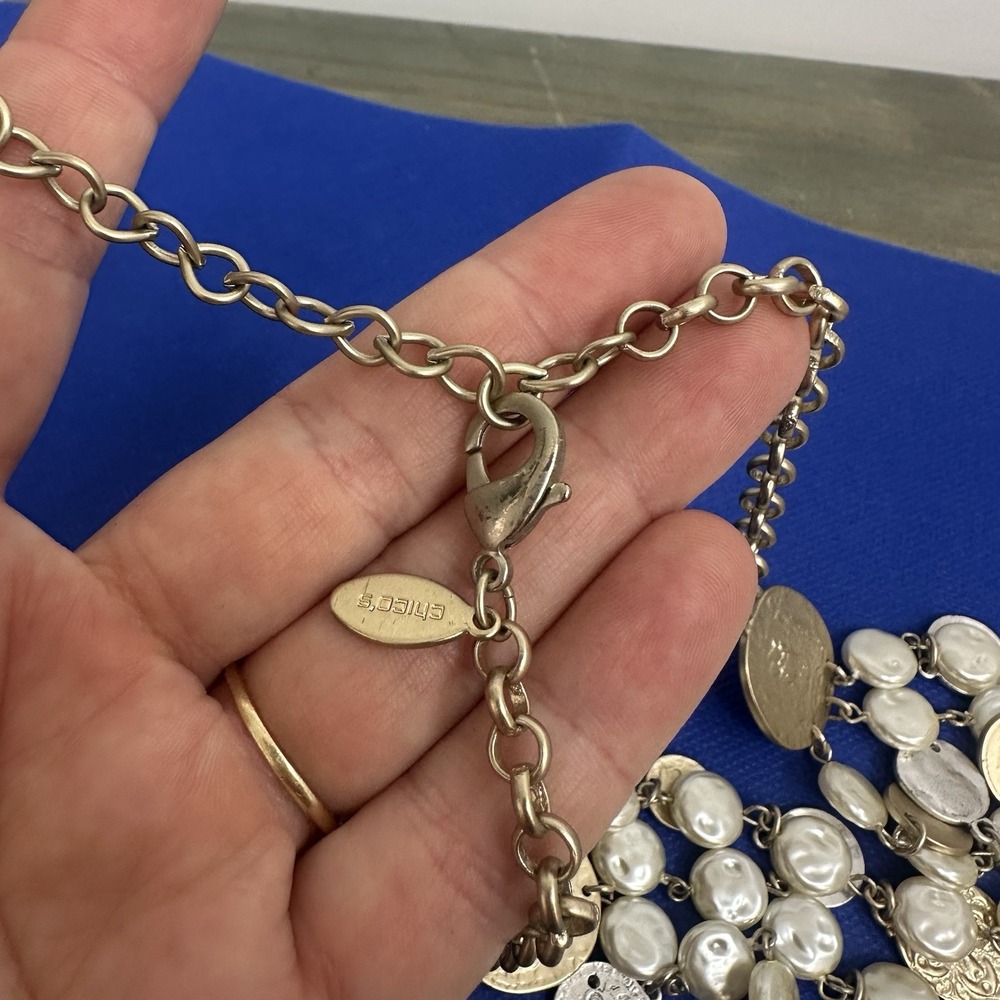 Vintage Set Necklace & Earrings Chico's Silver Gold Pearls Coin Charms 3 Strand - Picture 14 of 15